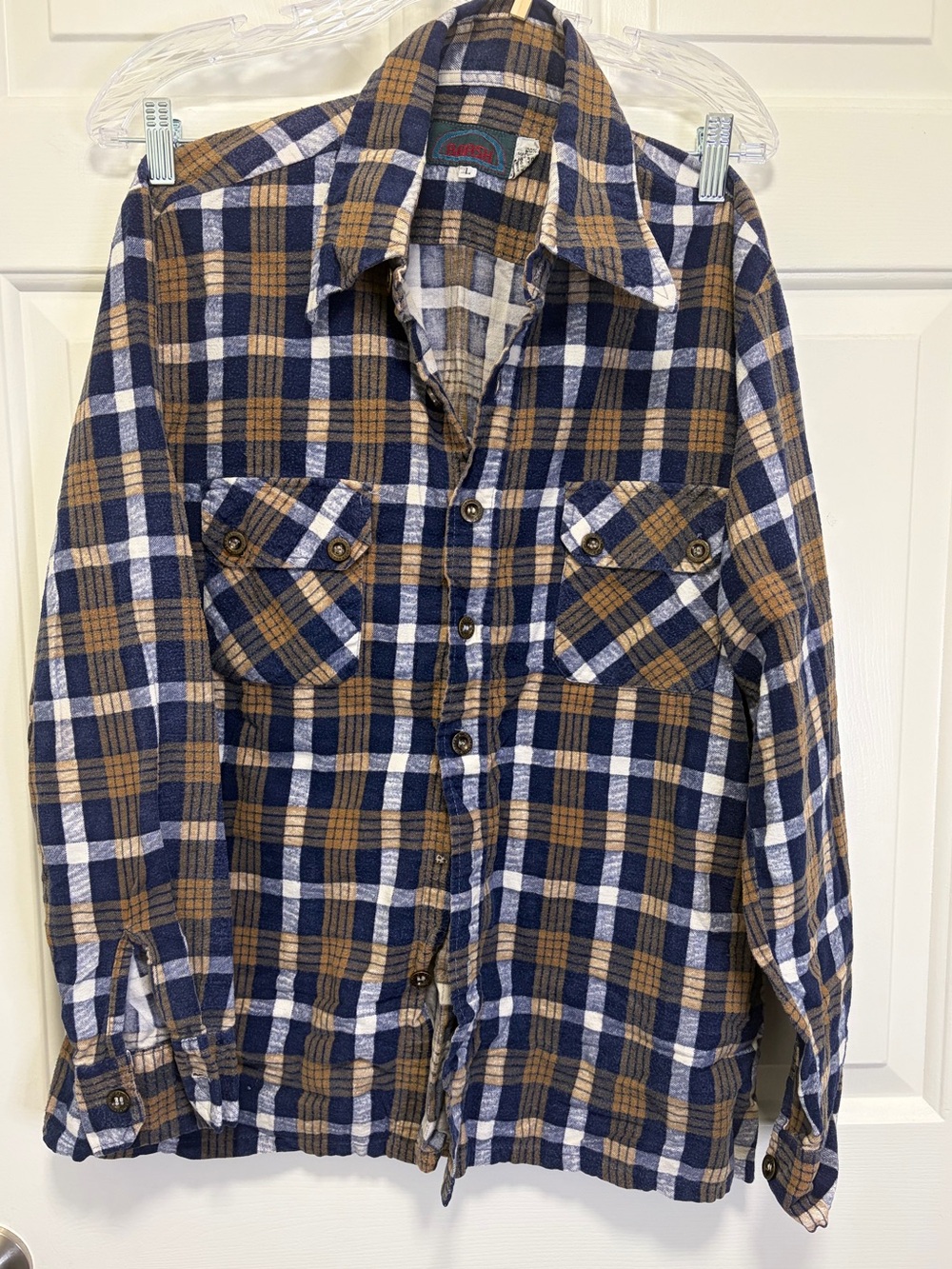Men's Navy, Brown & White Plaid Flannel Shirt